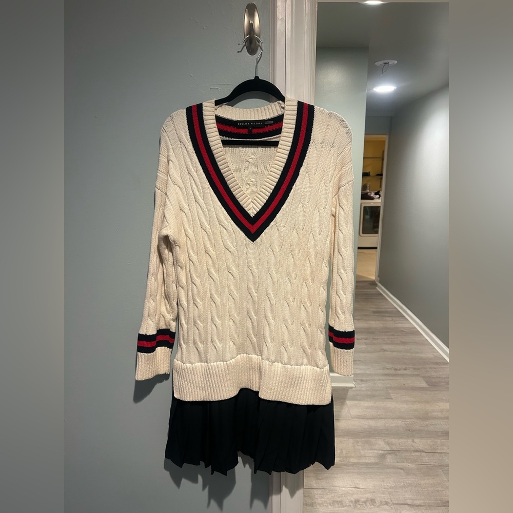 English Factory Cream V-Neck Sweater with Red and Black Trim